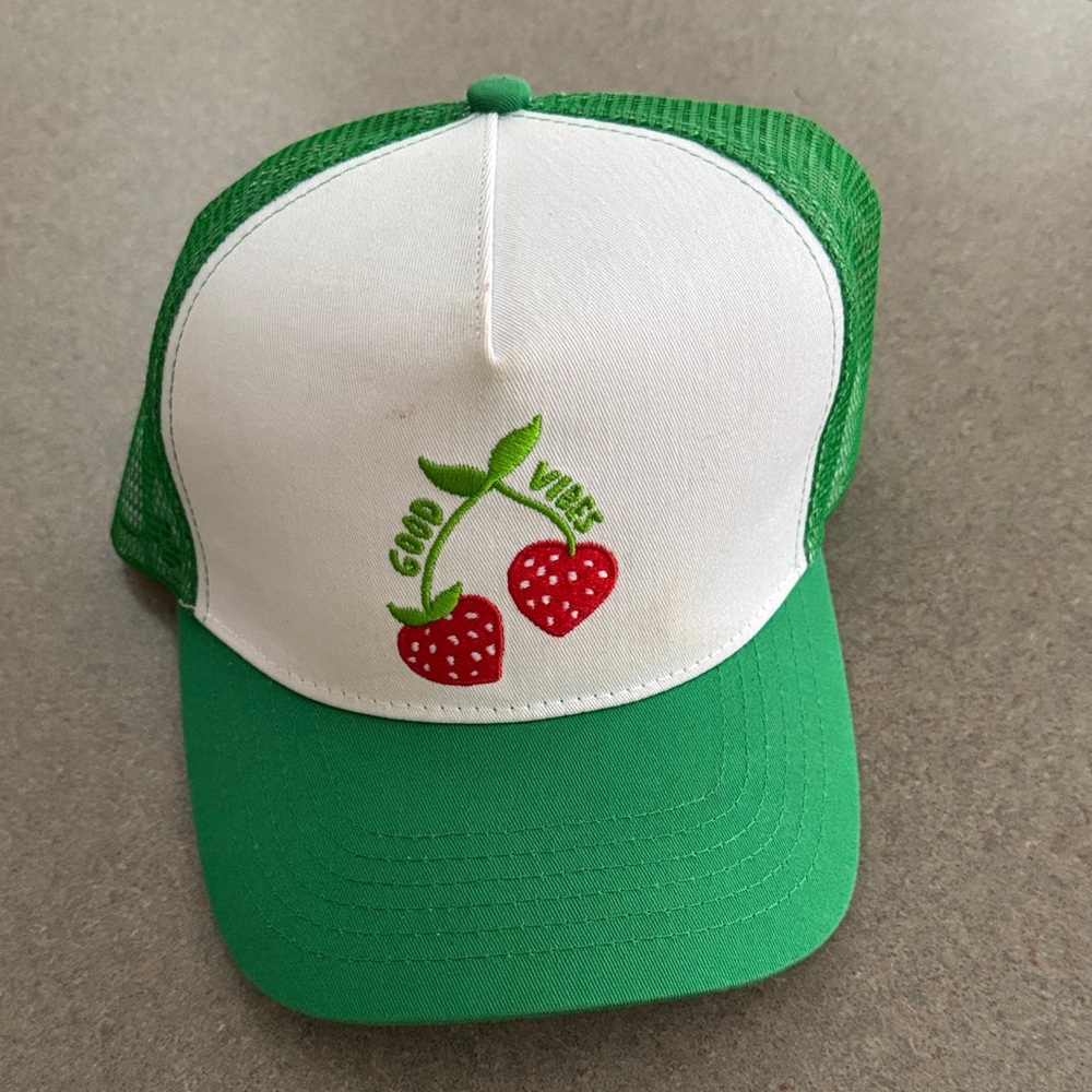 Green and White Trucker Hat with Strawberry Design
